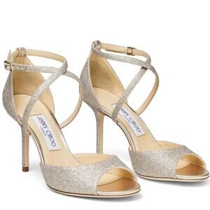 Jimmy Choo NWOB Esme 85 Platinum Ice Dusty Glitter Champagne Strappy Sandals 37